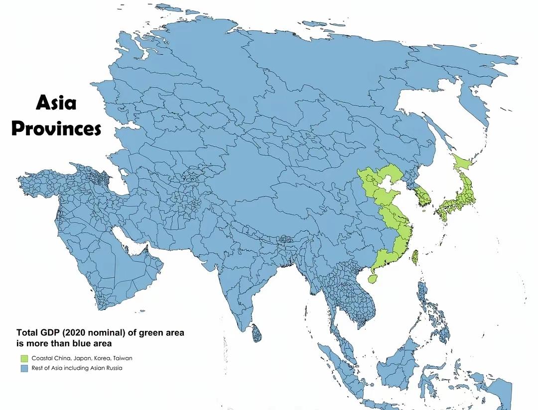 在亚洲，整个“绿色区域”属于最发达地区，它的GDP总量超过了整个“蓝色区域”，是