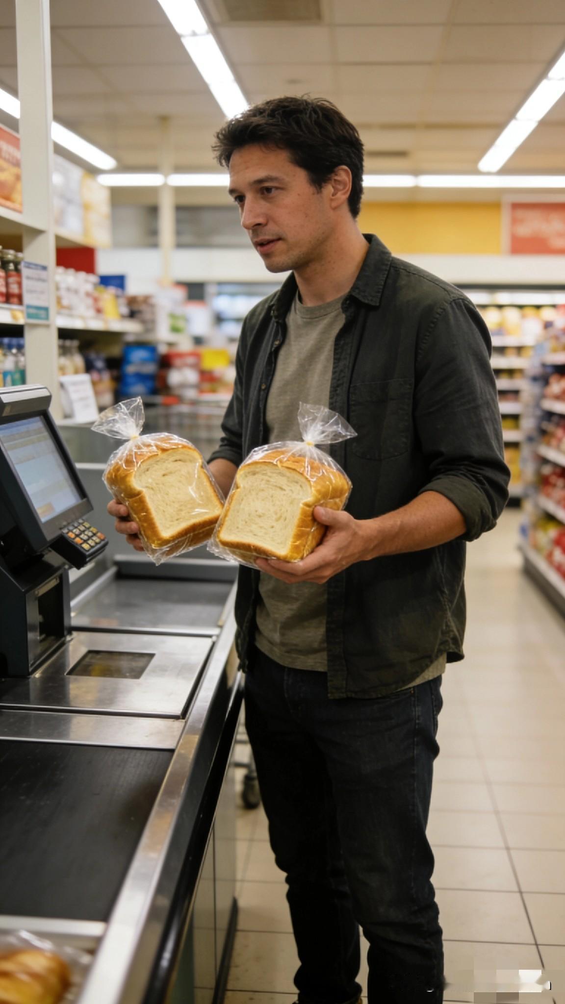 一个好男人刚才在超市收银台排队，前面一个大哥买面包，营业员笑着说：“今天有