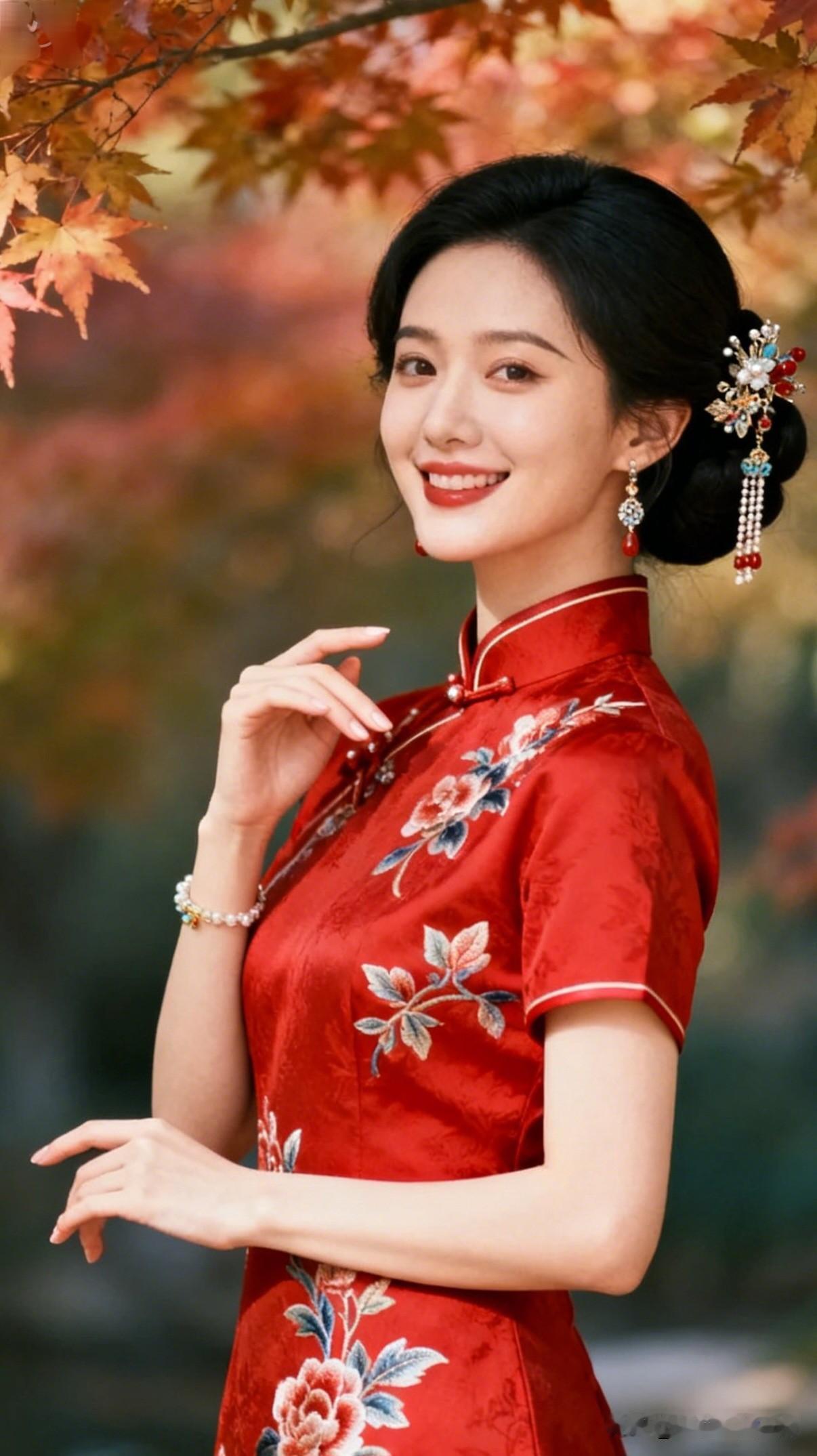 优雅旗袍，古典韵味，韵味悠长。秋日红衣美人，笑靥如花，美不胜收！🍂🌸