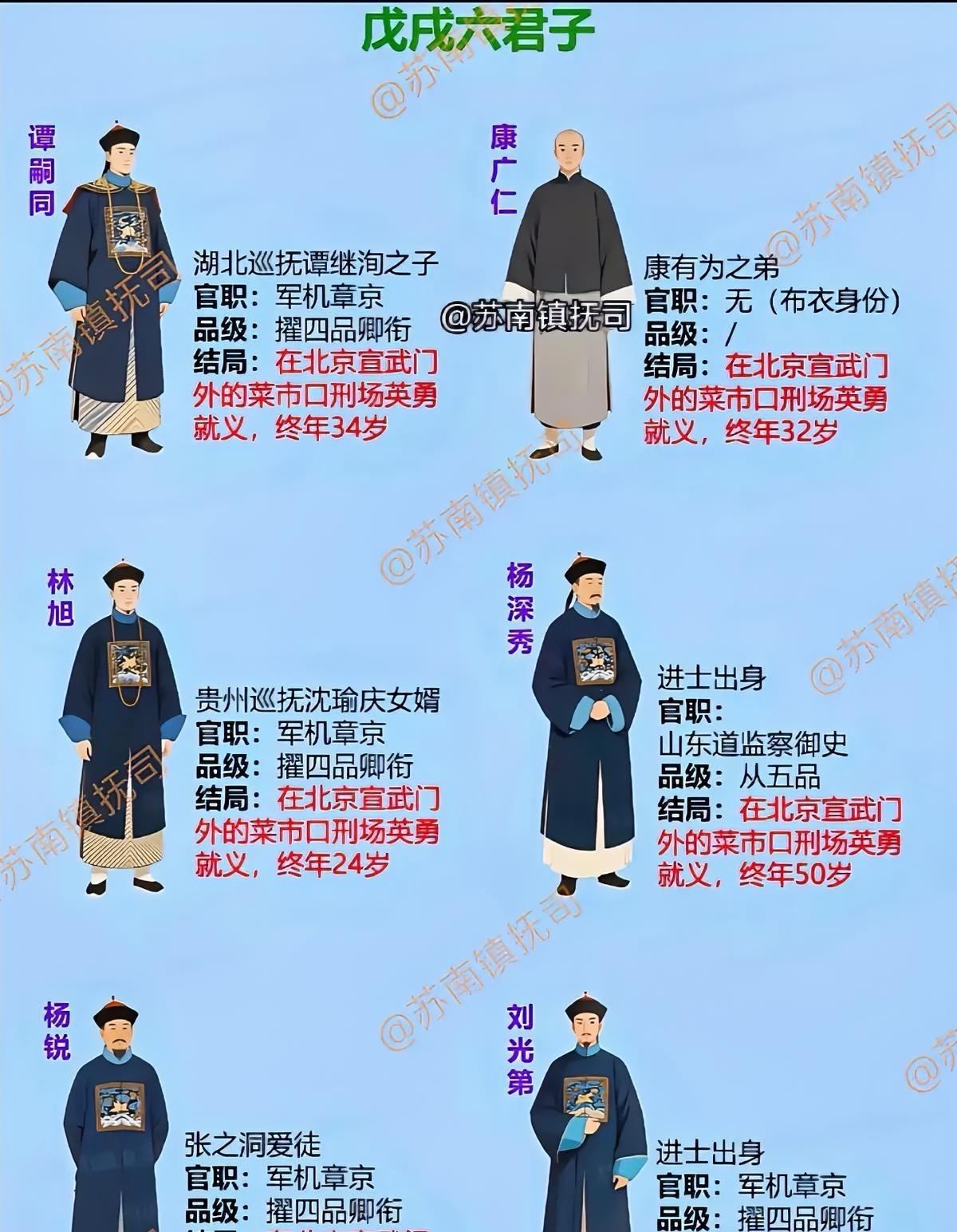 他们被称为“戊戌六君子”，其中不乏出身显赫之人，谭嗣同是湖北巡抚谭继洵之子，林旭