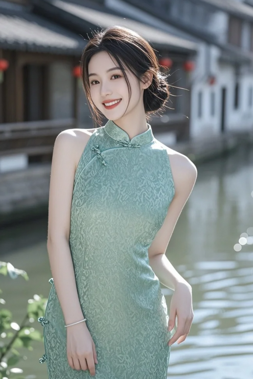 她不疾不徐地走过石桥，旗袍开衩间是风情，眼神里是静谧