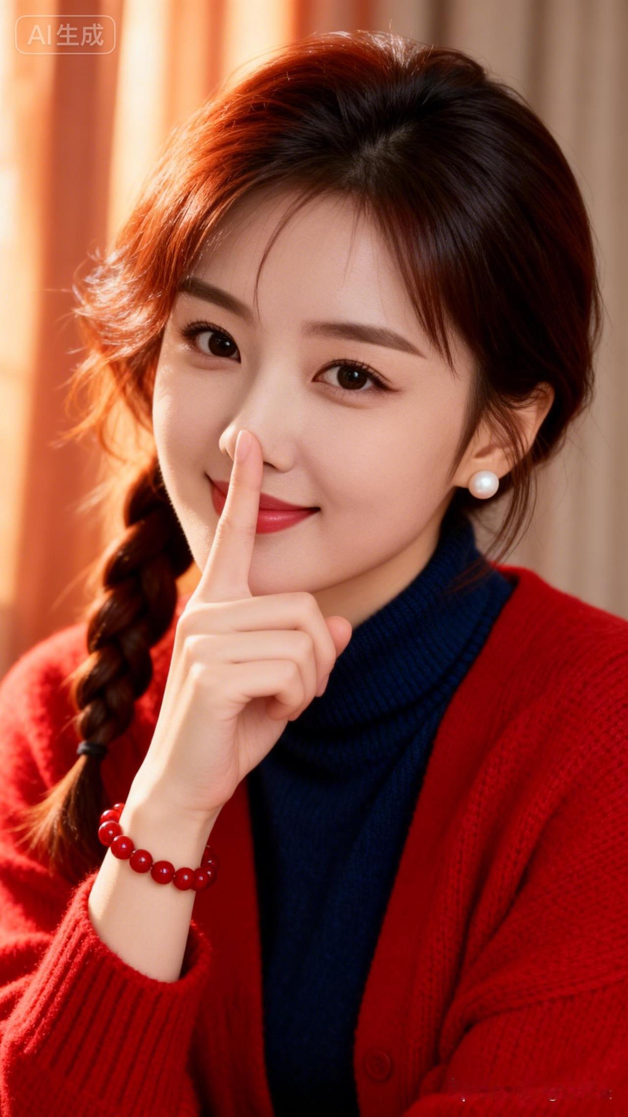 元气少女穿搭指南，红色毛衣搭配珍珠耳环，甜美又时尚！💖✨