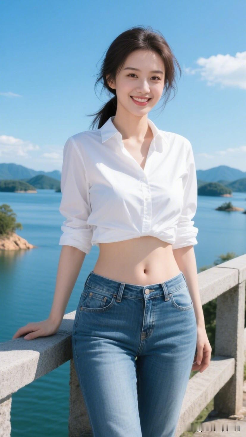 水天一色处，佳人倚栏时。干净清新的日常穿搭元气少女海边游，白衬衫+牛仔裤，清新