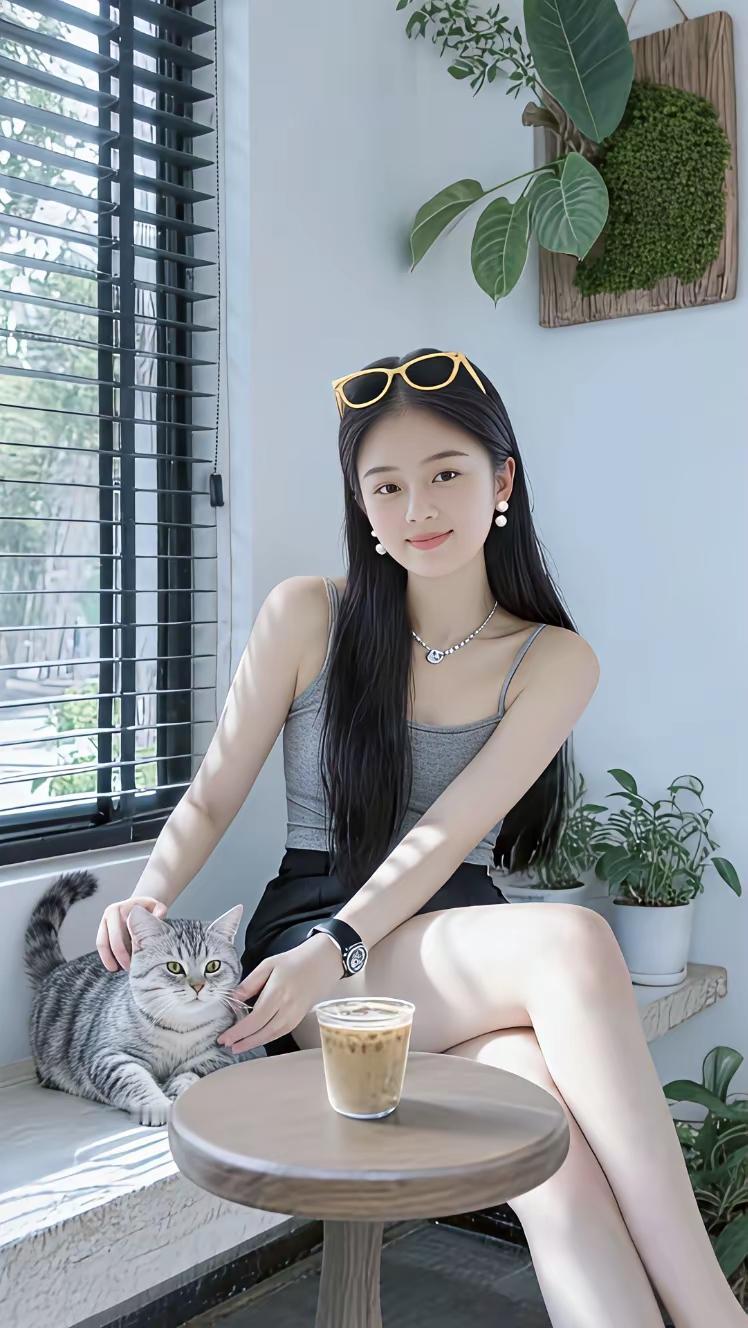 阳光明媚，女孩和猫咪在享受咖啡时光。