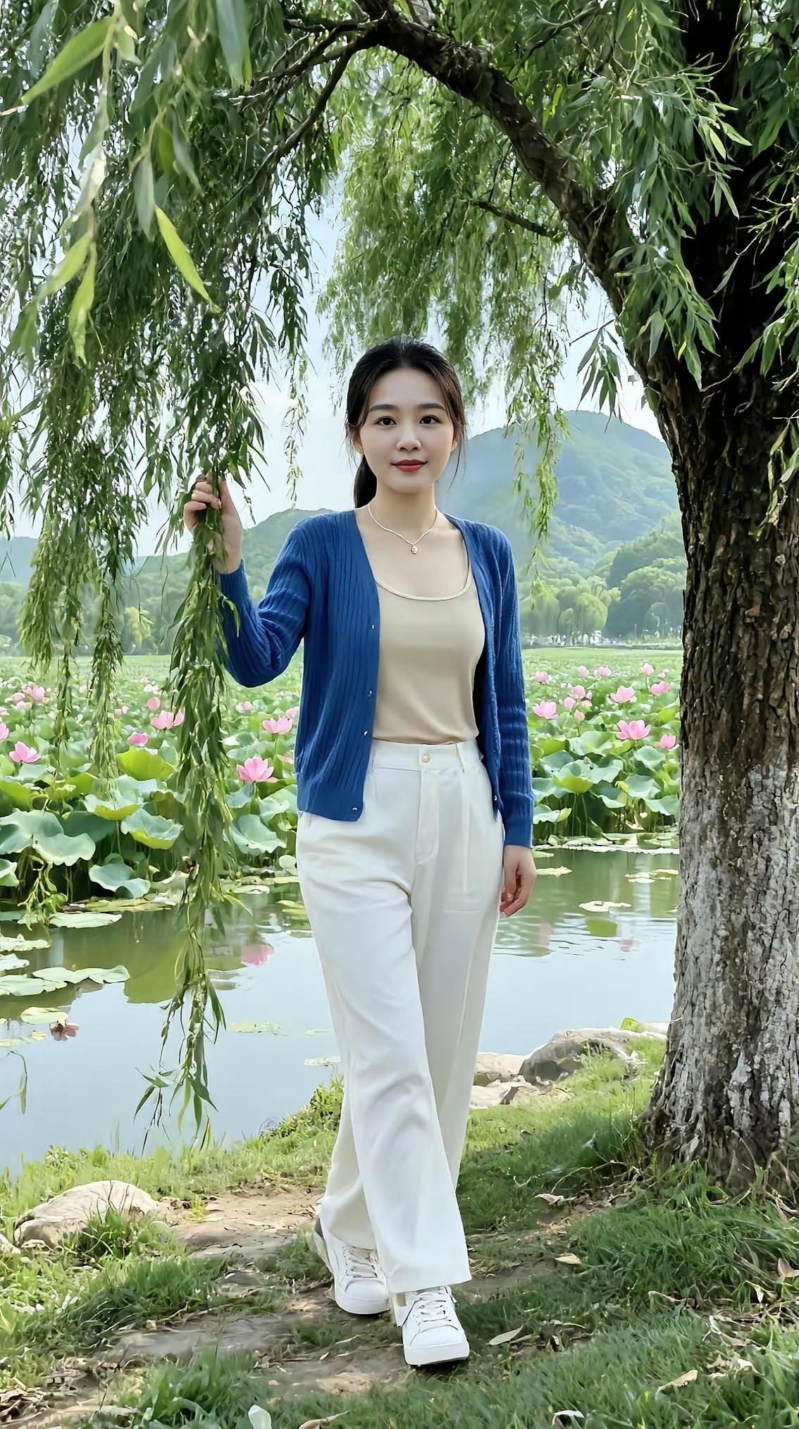 她站在湖边，好风景配她好看。