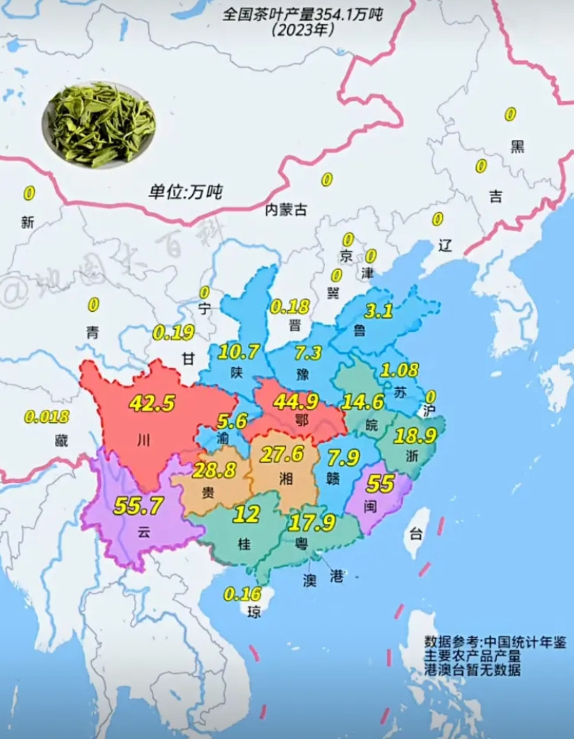 看了全国茶叶产量，湖北人的我尴尬了！今天，看到有网友发了张全国茶叶产量图，家