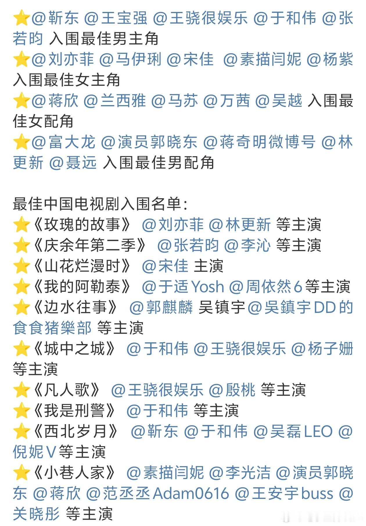 白玉兰入围奖项全名单这份榜单打了多少流量明星的脸！[笑着哭]成天被自家的粉丝各