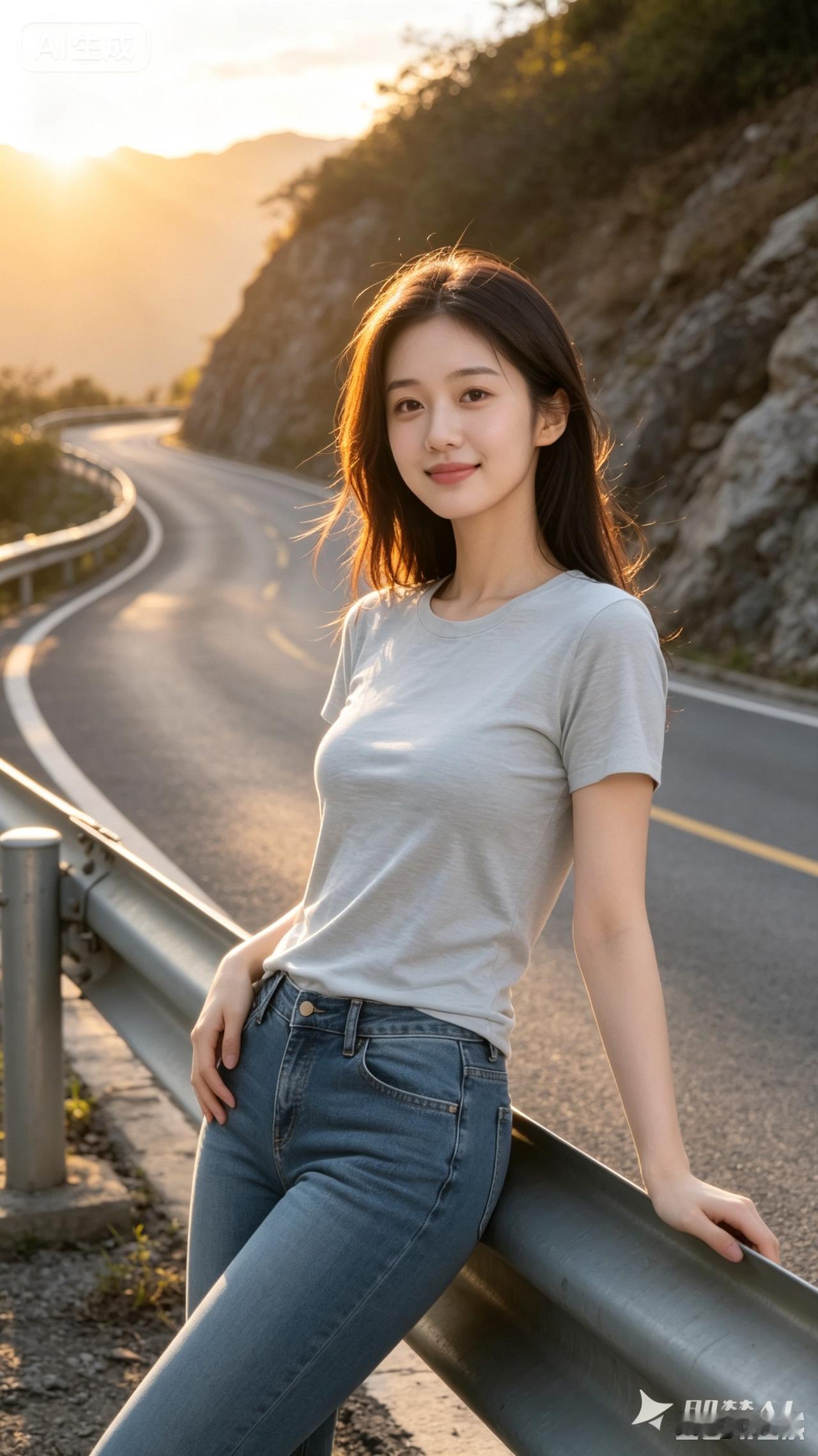 人总是喜欢在远山近水中，找自己。她停在这抹斜阳里，把白T恤穿成了最温柔的极简