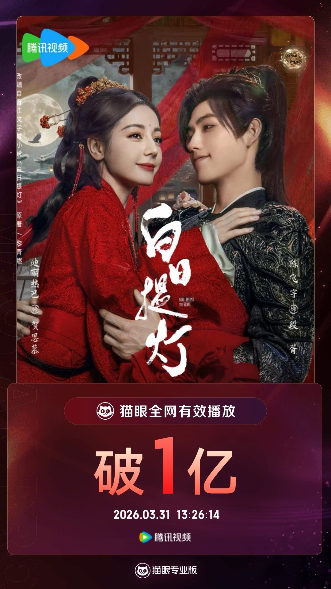 白日提灯有效播放量破亿据猫眼专业版数据，领衔主演剧集《白日提灯》热播中，全网有