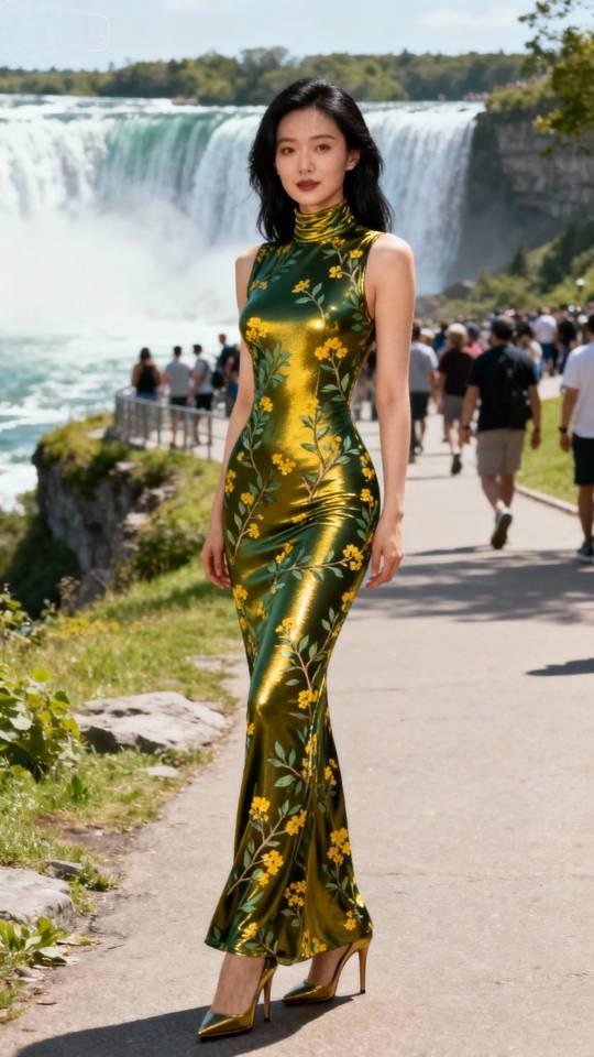 旗袍裙美女瀑布前留影。旗袍美女壁纸