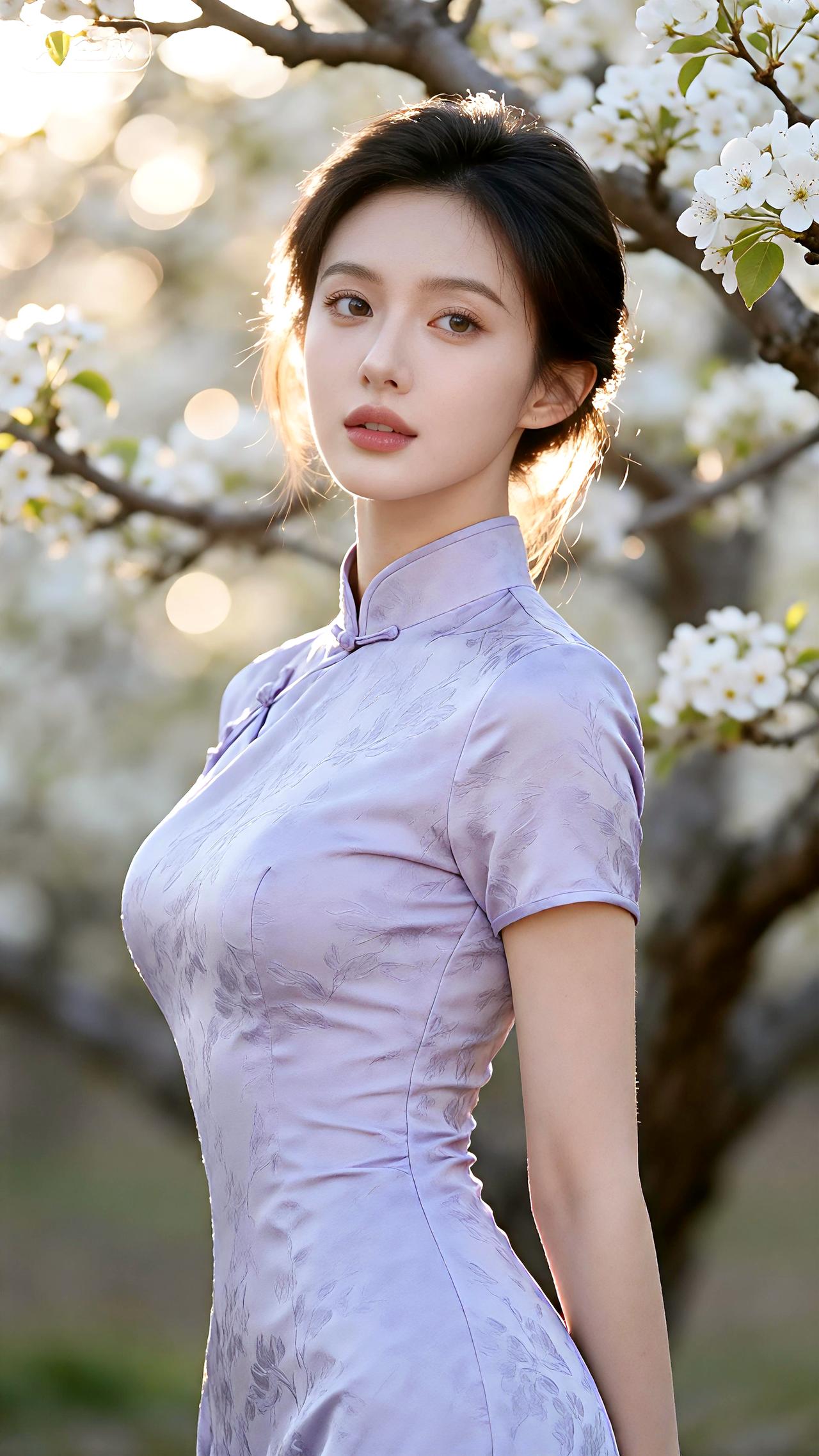 梨花落肩，佳人浅笑凝春色；旗袍翩跹，暗香浮动愈清雅。壁纸写真ai