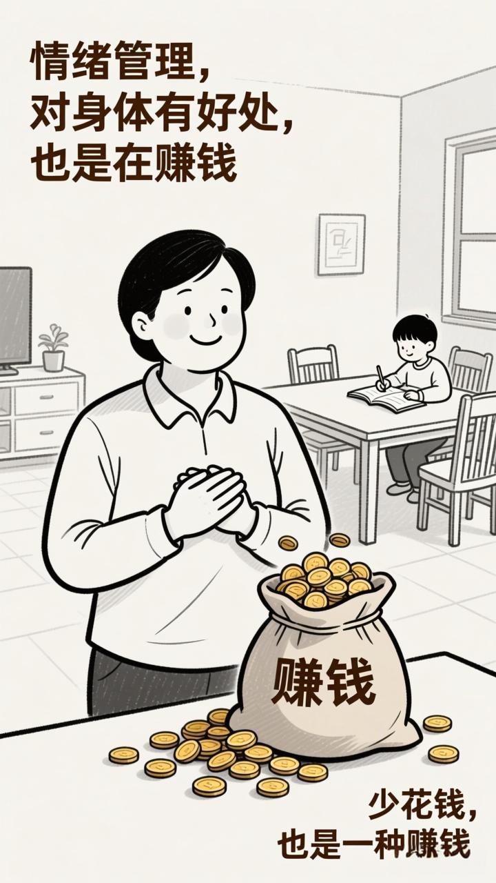 情绪管理，对身体有好处，也是在赚钱。少花钱，也是一种赚钱。从钱的角度看，