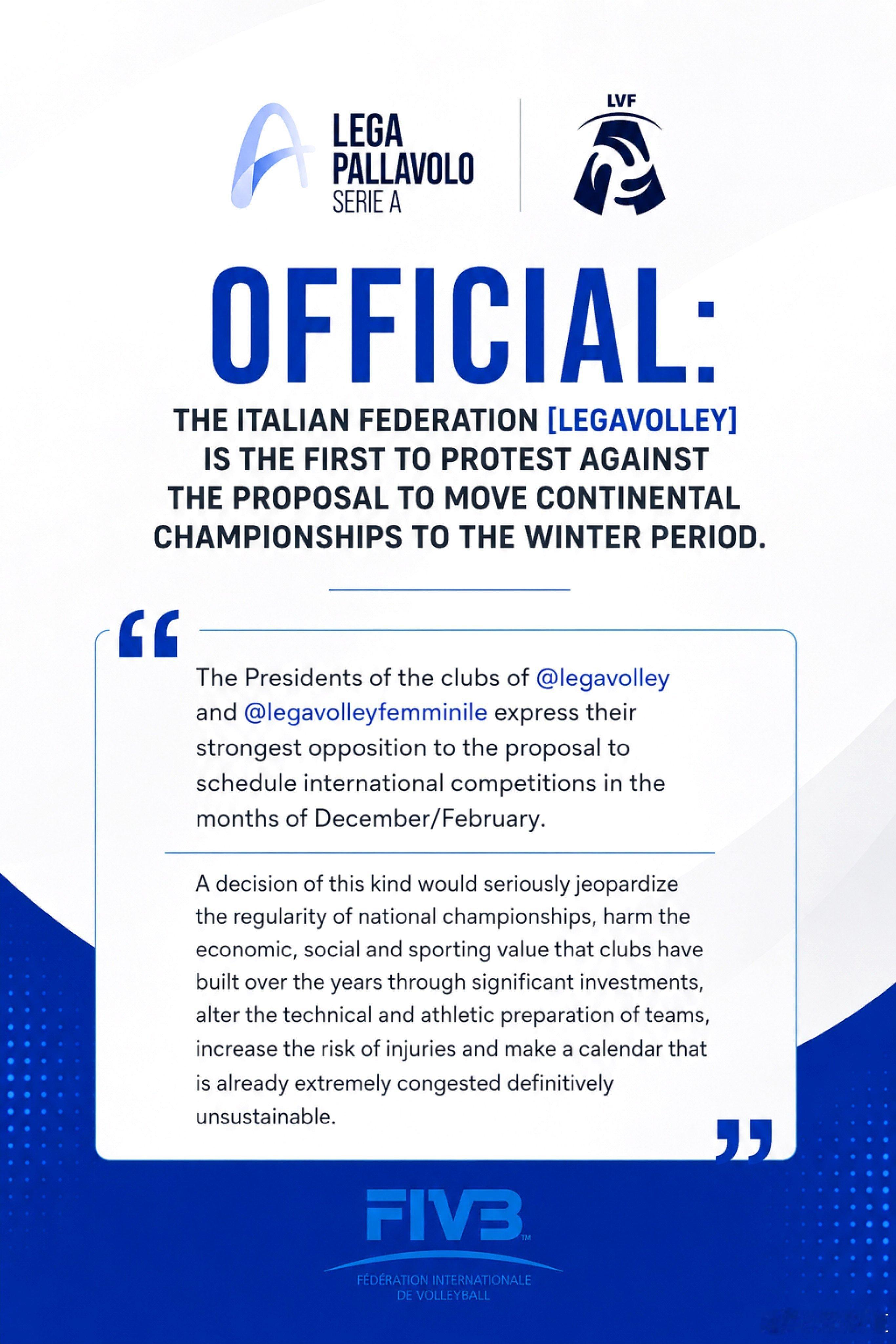 国际排坛动态意大利排球联赛联盟（LegaVolley）成为首个公开抗议将洲际锦标
