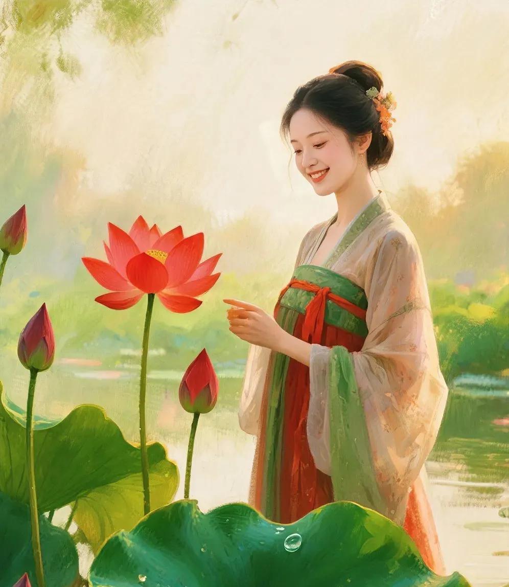 一丝温婉逢荷言，千娇不染枕花眠。玉珠滚落心中爱，………………轻邀荷花陪着