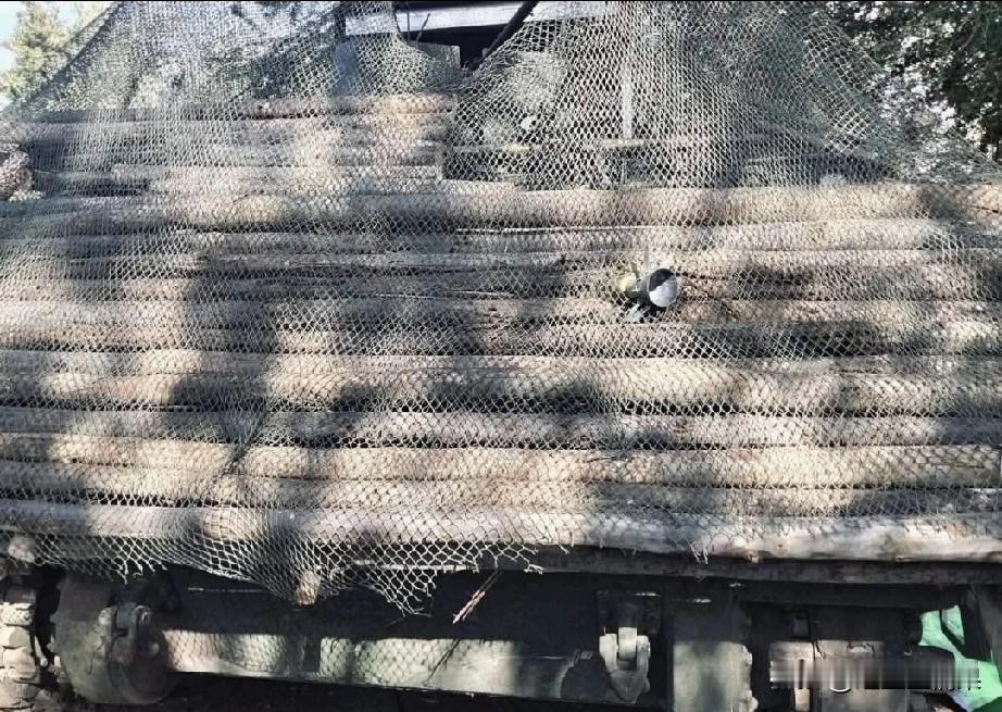 这辆装甲战车真的太幸运了，多亏了它身上披着网和厚厚的木头，保住了这辆战车的命，同