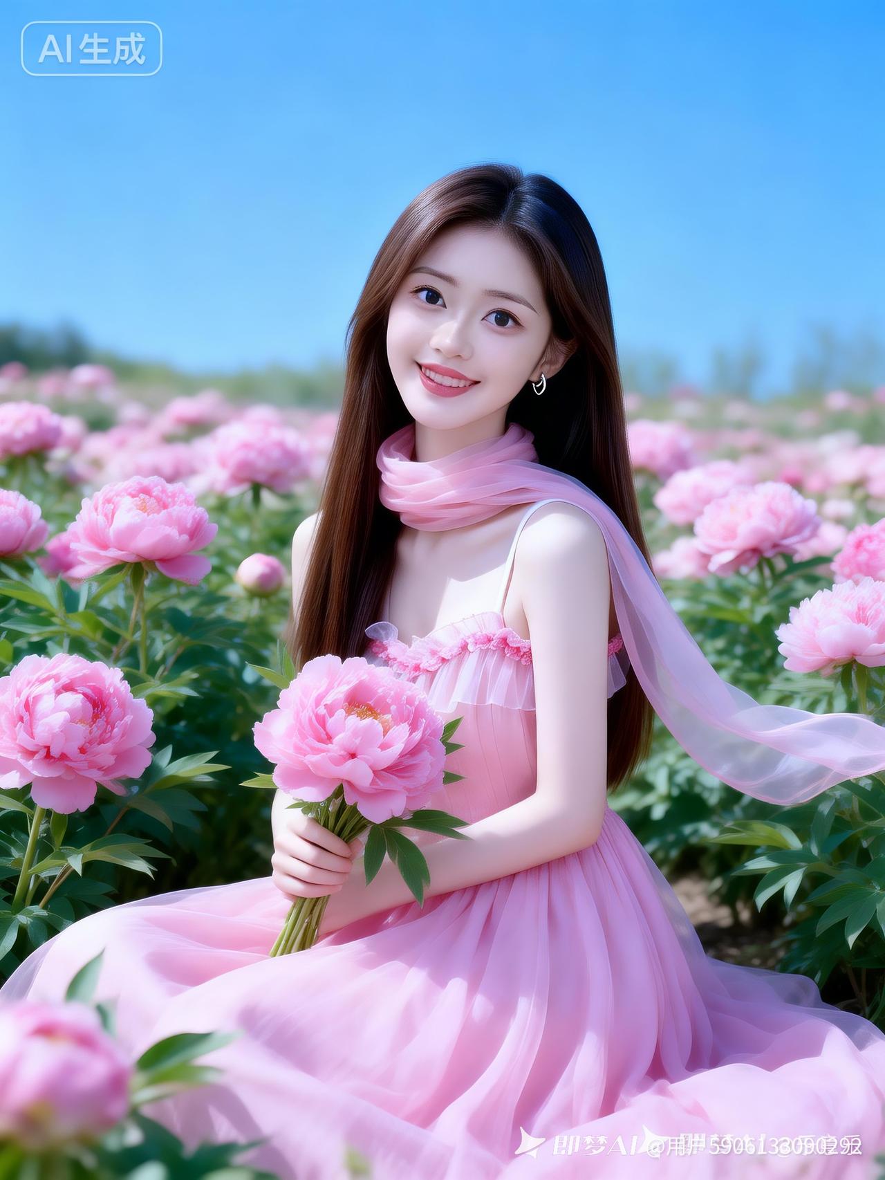 小他女棕色披肩长直发，身材娇小，冷白陶瓷肌。粉色吊带裙配飘逸纱巾，手捧粉牡丹侧坐