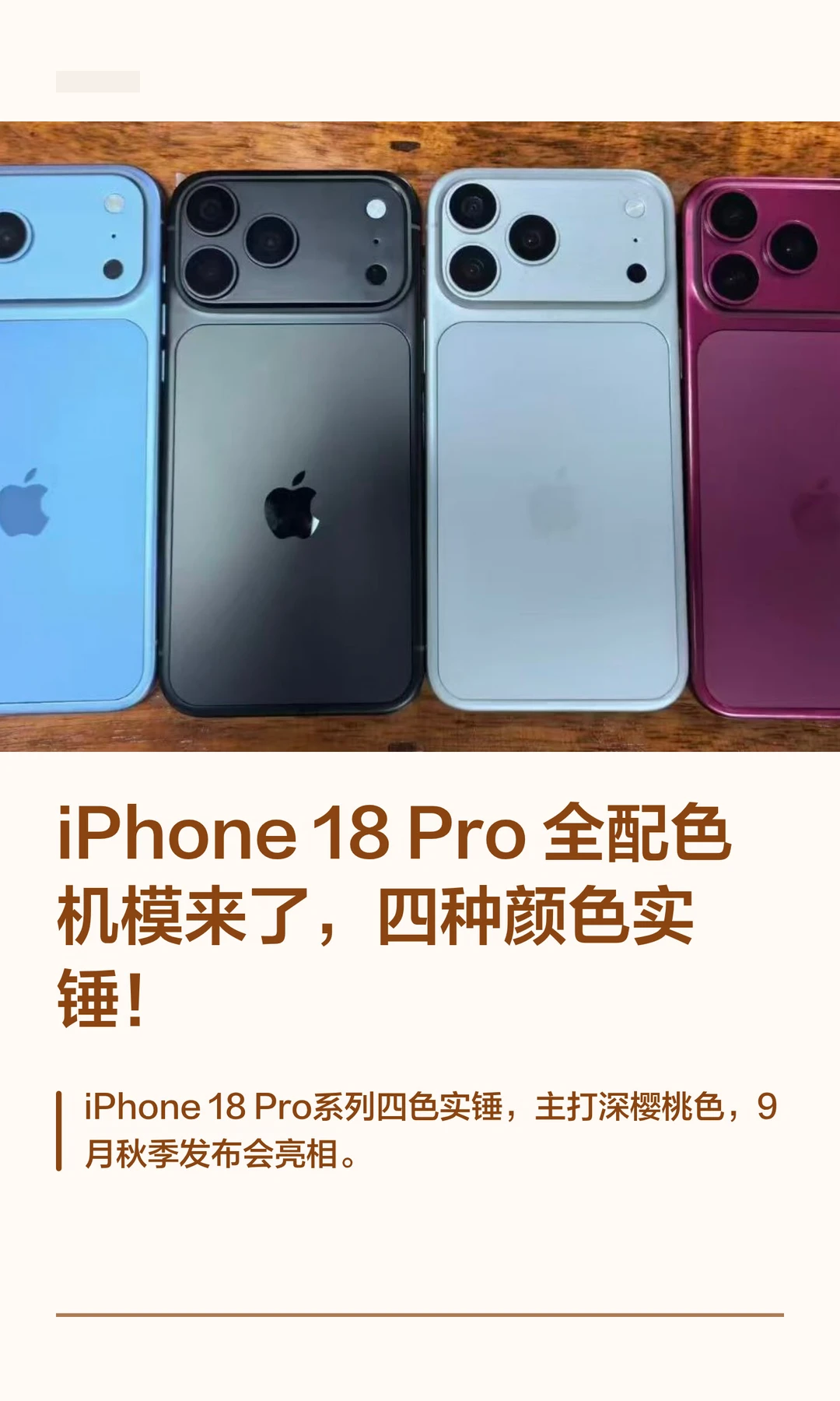 iPhone 18 Pro 全配色机模来了，四种颜色实