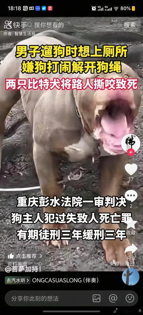 重庆那条咬死人的比特犬，判了。狗主人判三缓三，当庭释放，回家吃饭。那天不是狗挣脱