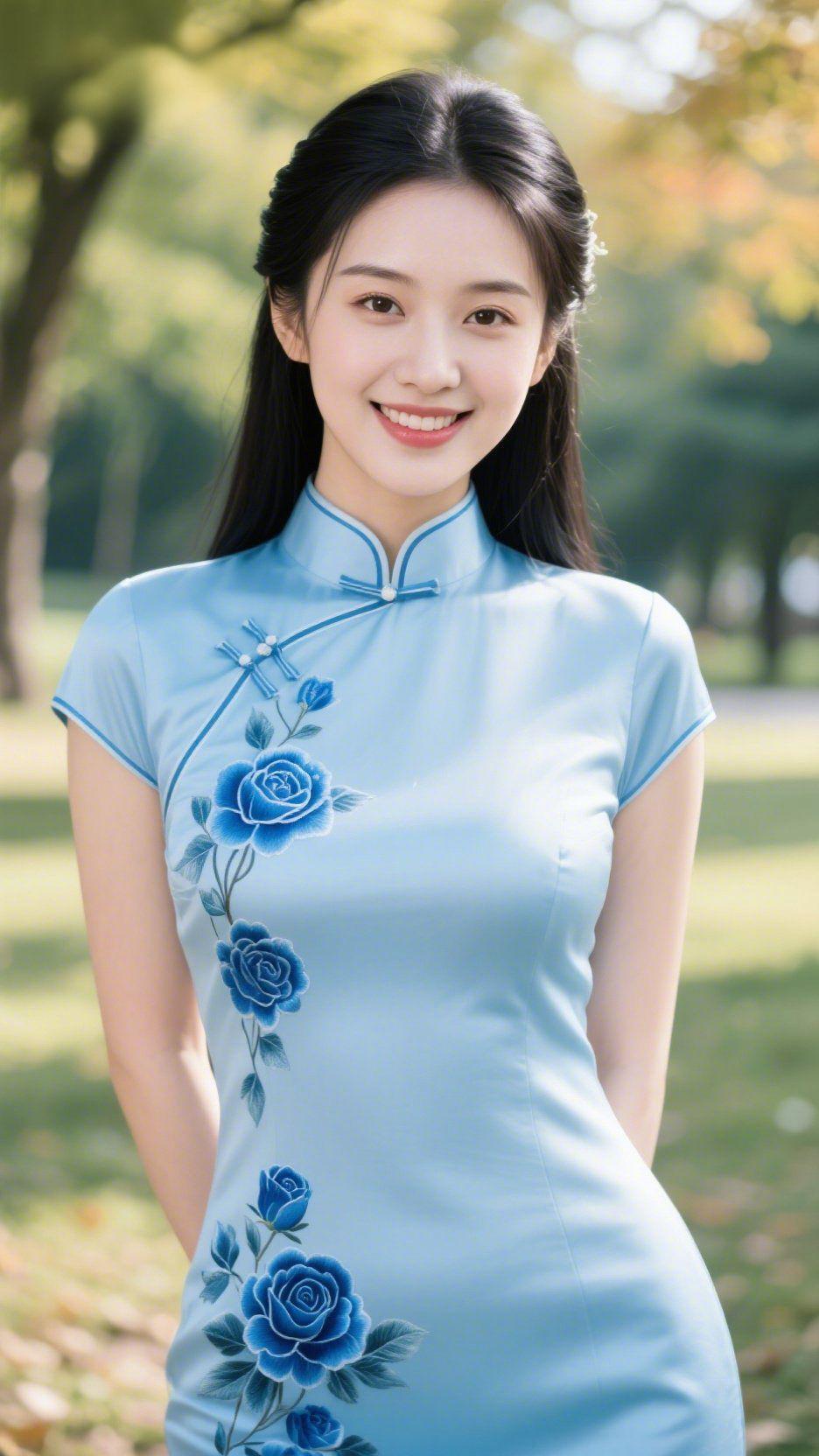 《青旗袍的林间清柔》秋光裹着草木的温软漫过林间，她身上的浅青瓷旗袍像盛了半