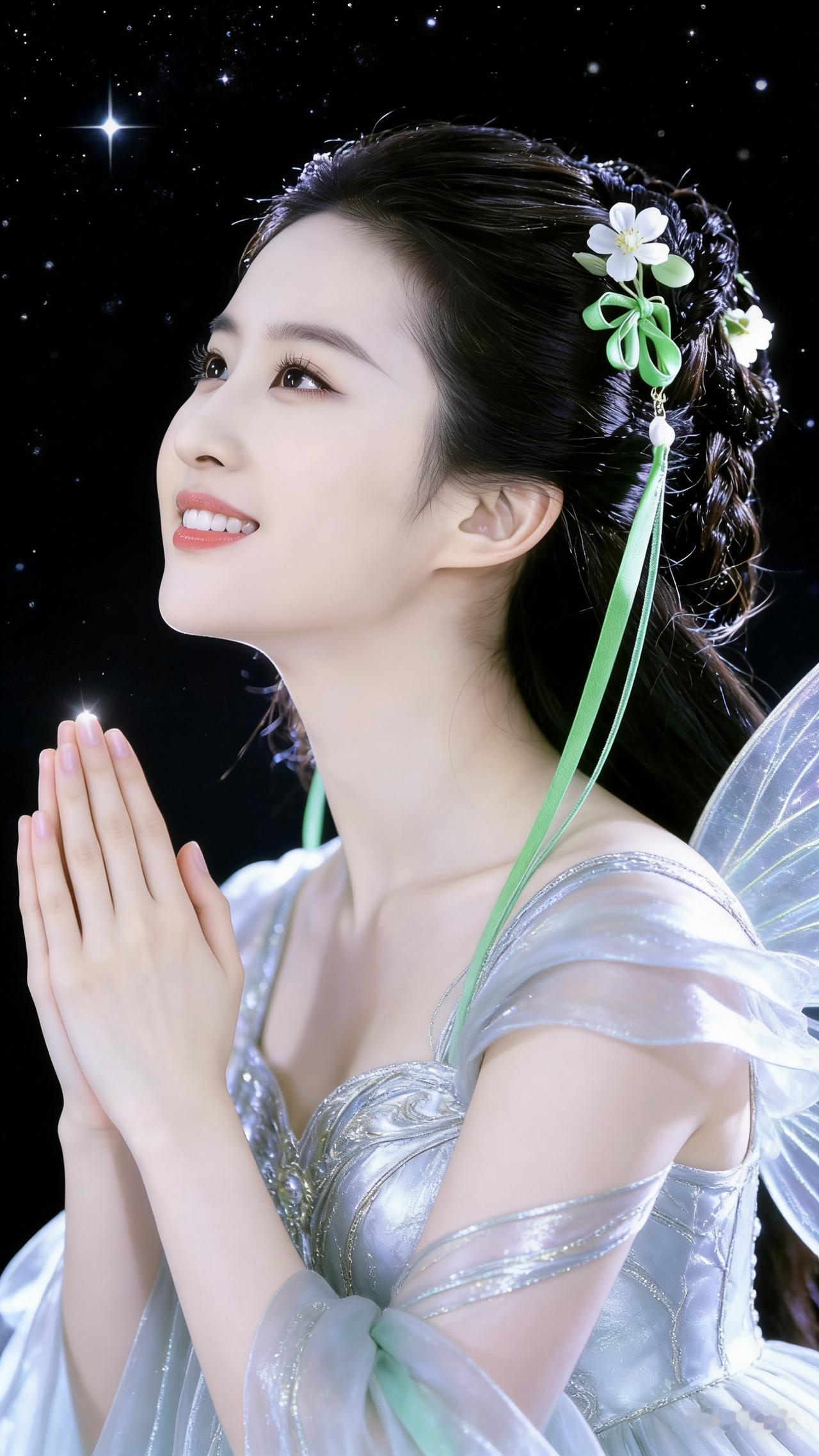 在宇宙铺开的黑丝绒上你是收拢了光的蝶翼垂落的绿丝带系着晚星鬓边的白花是月