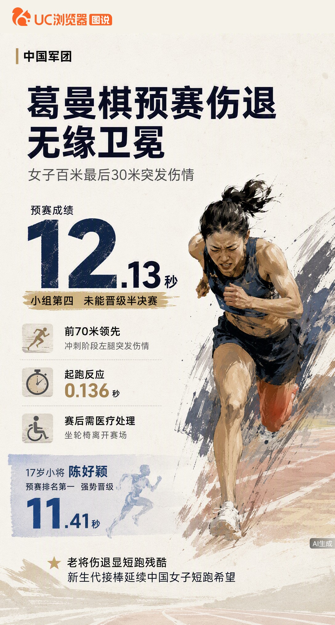 名古屋亚运女子百米预赛，葛曼棋前70米领先却突发左腿伤情，咬牙跑完以12秒13获小组第四无缘晋级。1