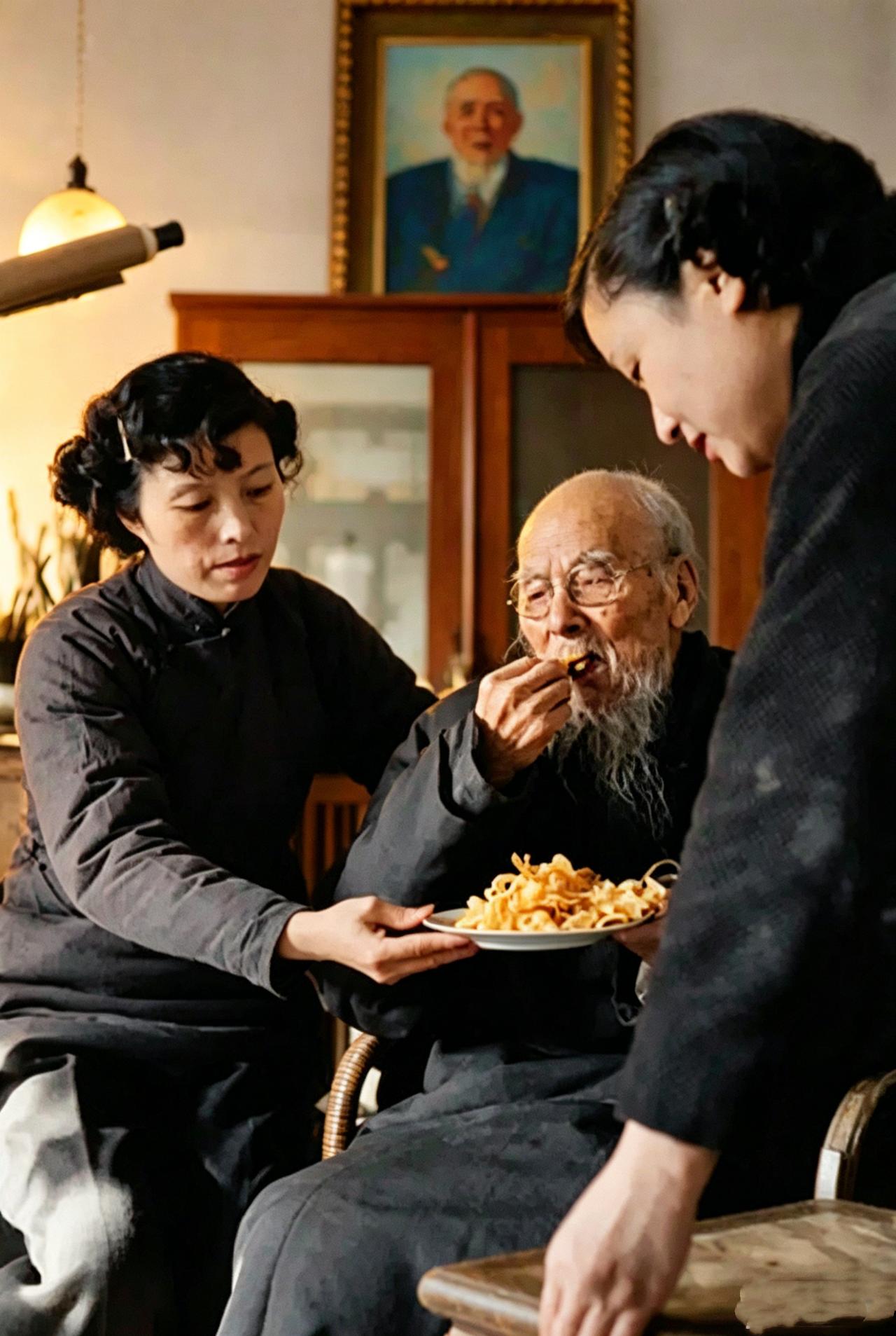 这是两个儿媳、孙媳轮流照顾九十三岁的齐白石吃零嘴。晚年的齐白石主要靠儿媳与孙媳亲