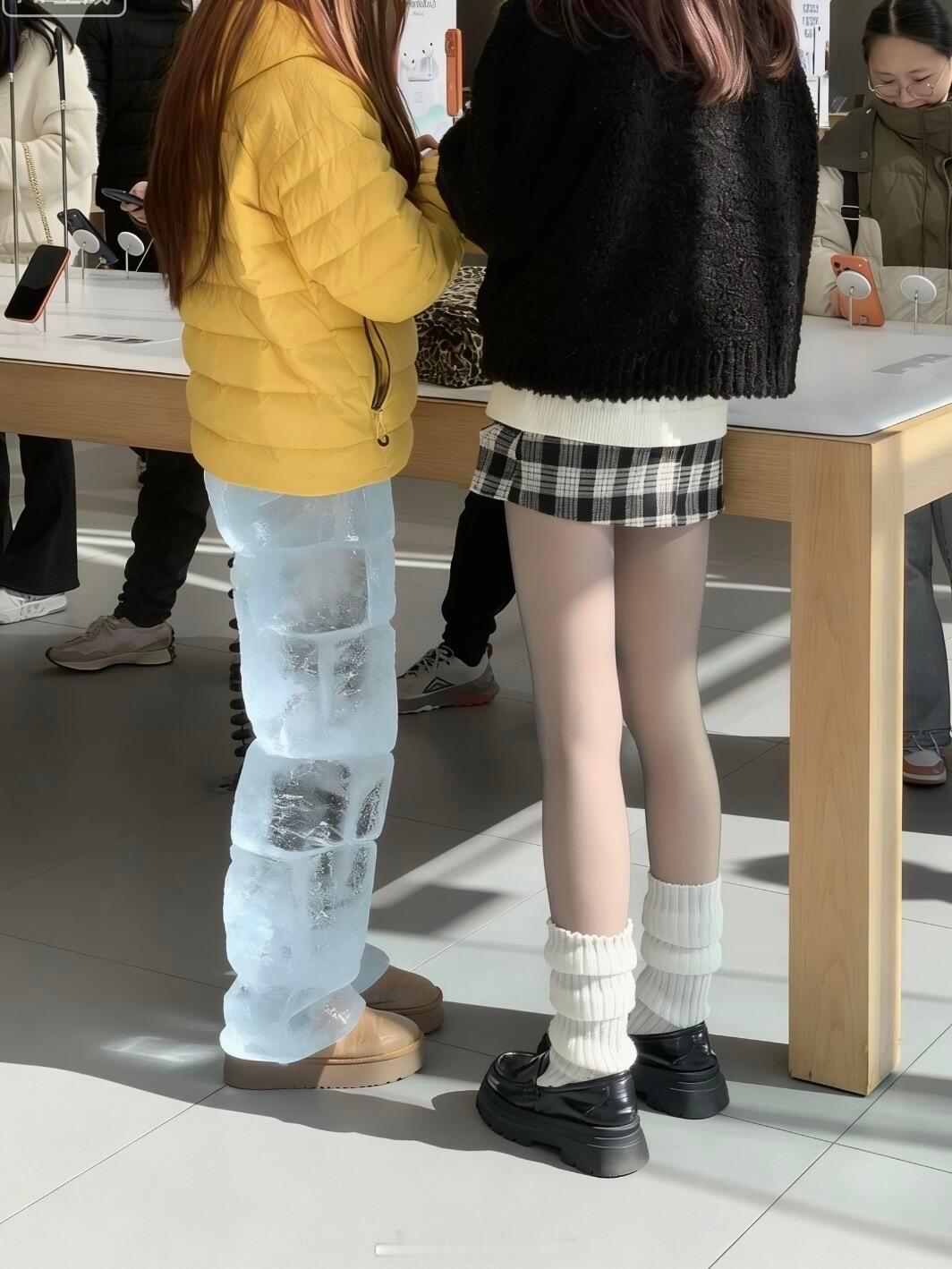 沃趣…苹果店看到的🥲…这两个小姐姐的穿搭都好好看啊！！这个卫裤看起来也好舒服啊