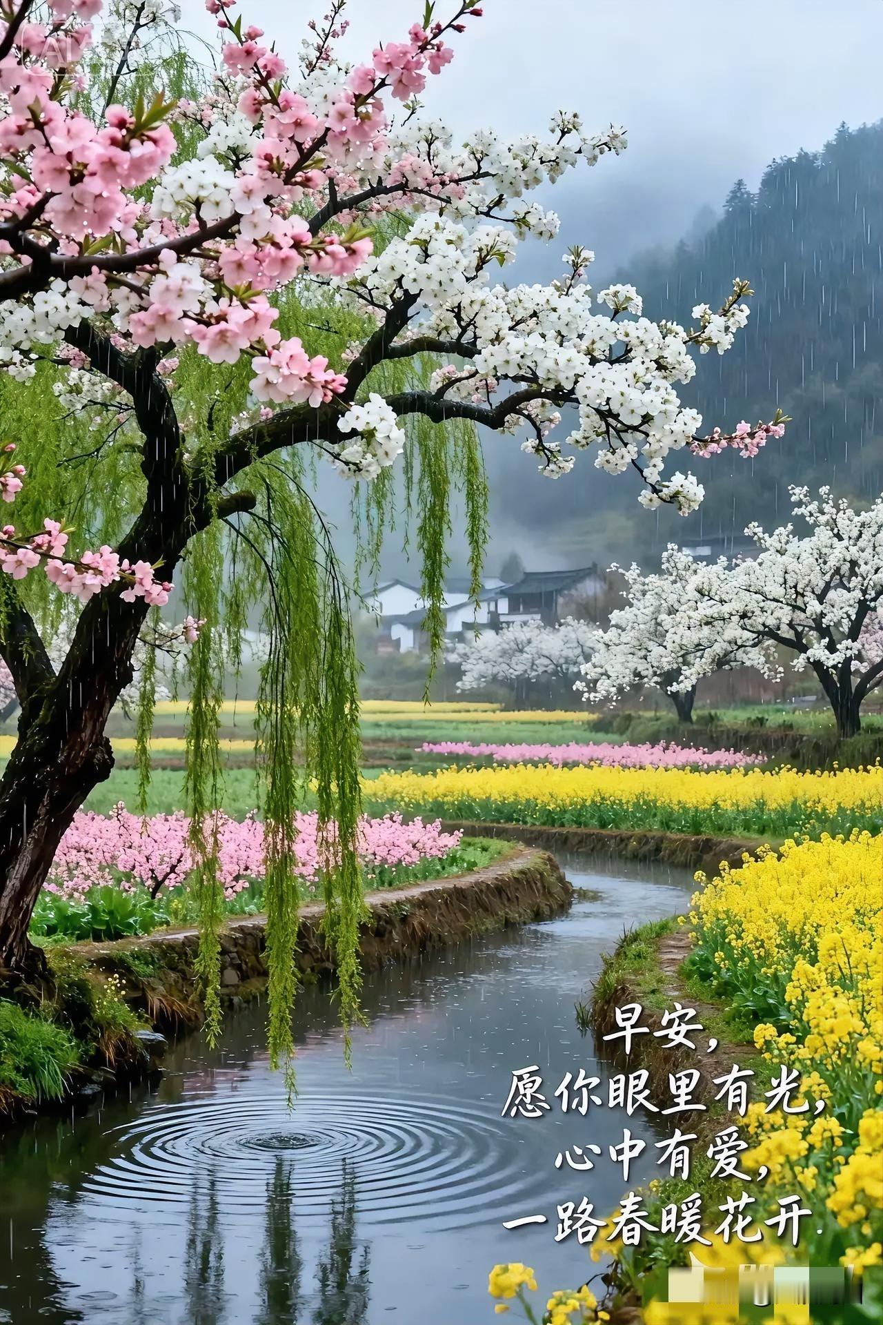 春雨润花田，愿你心中有爱，一路花开。