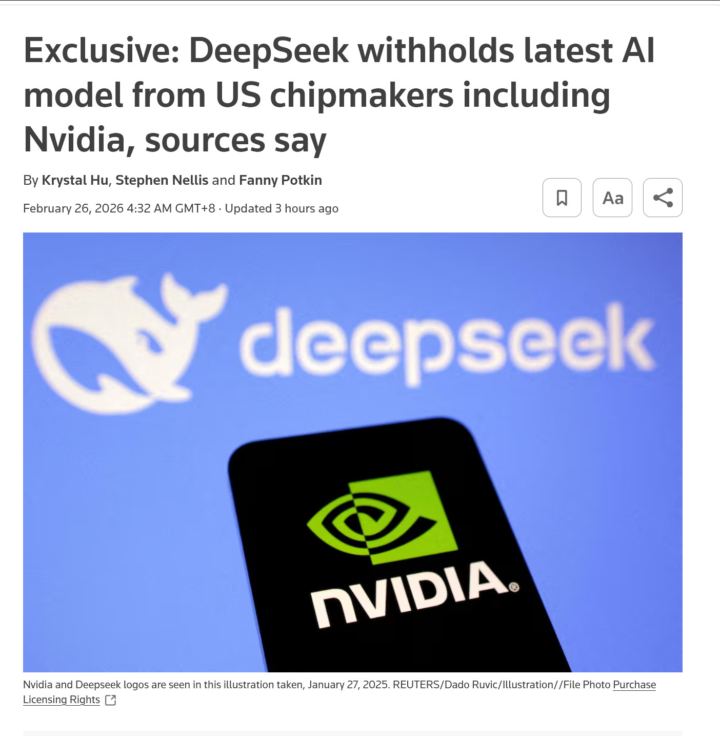 路透的报道，DeepSeek已向华为技术在内的国内硬件供应商提供DeepSeek