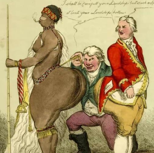 1815年非洲少女巴特曼，因臀部长得很“突出”，被人骗到英国，扒光衣服关进笼子让