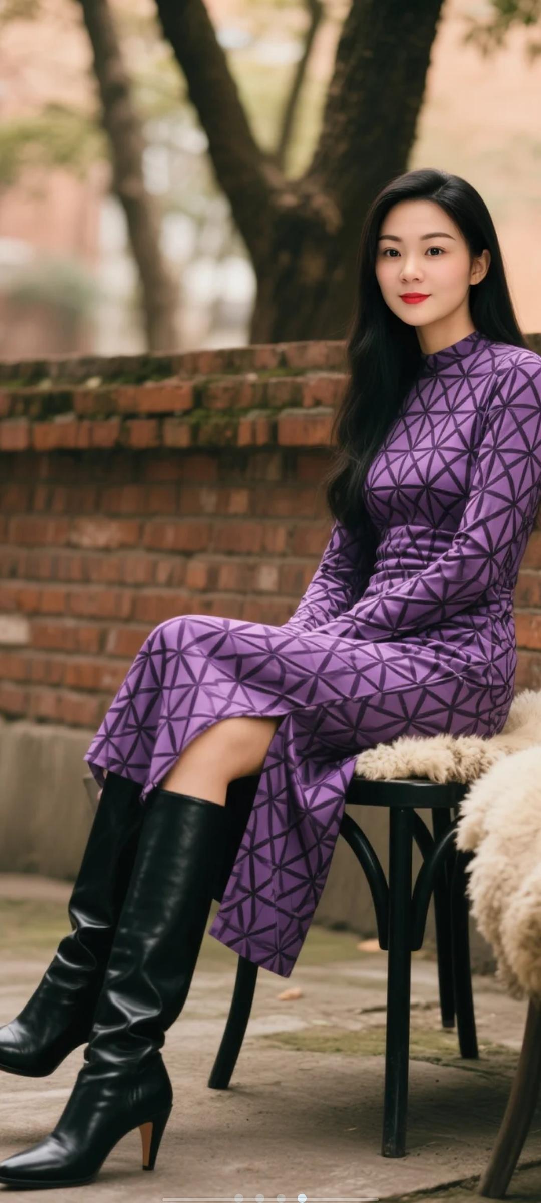 紫色大衣黑皮靴，搭配的怎么样啊？