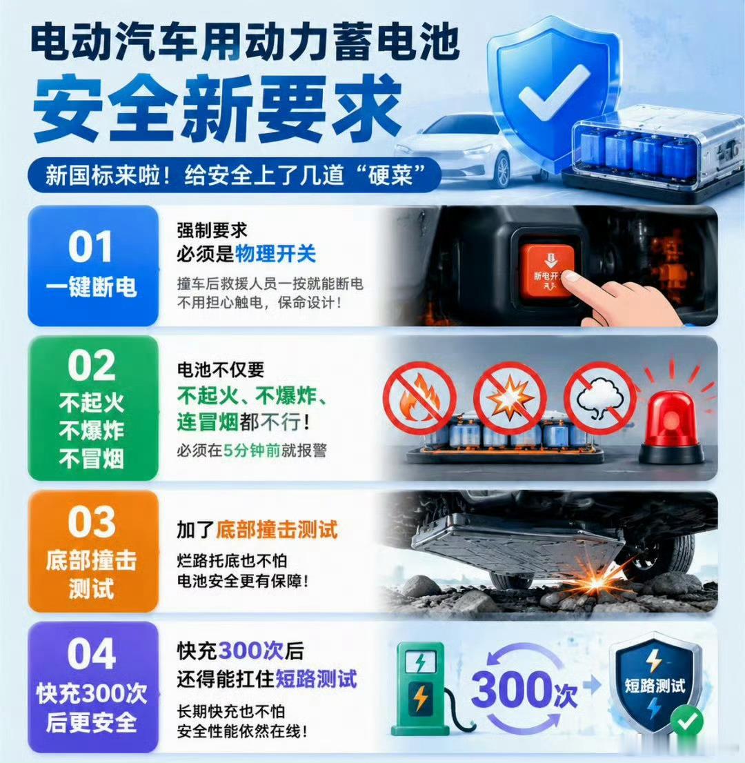关于电池的新国标主要有这三点。1.强制配备物理式一键断电装置，跟取消...