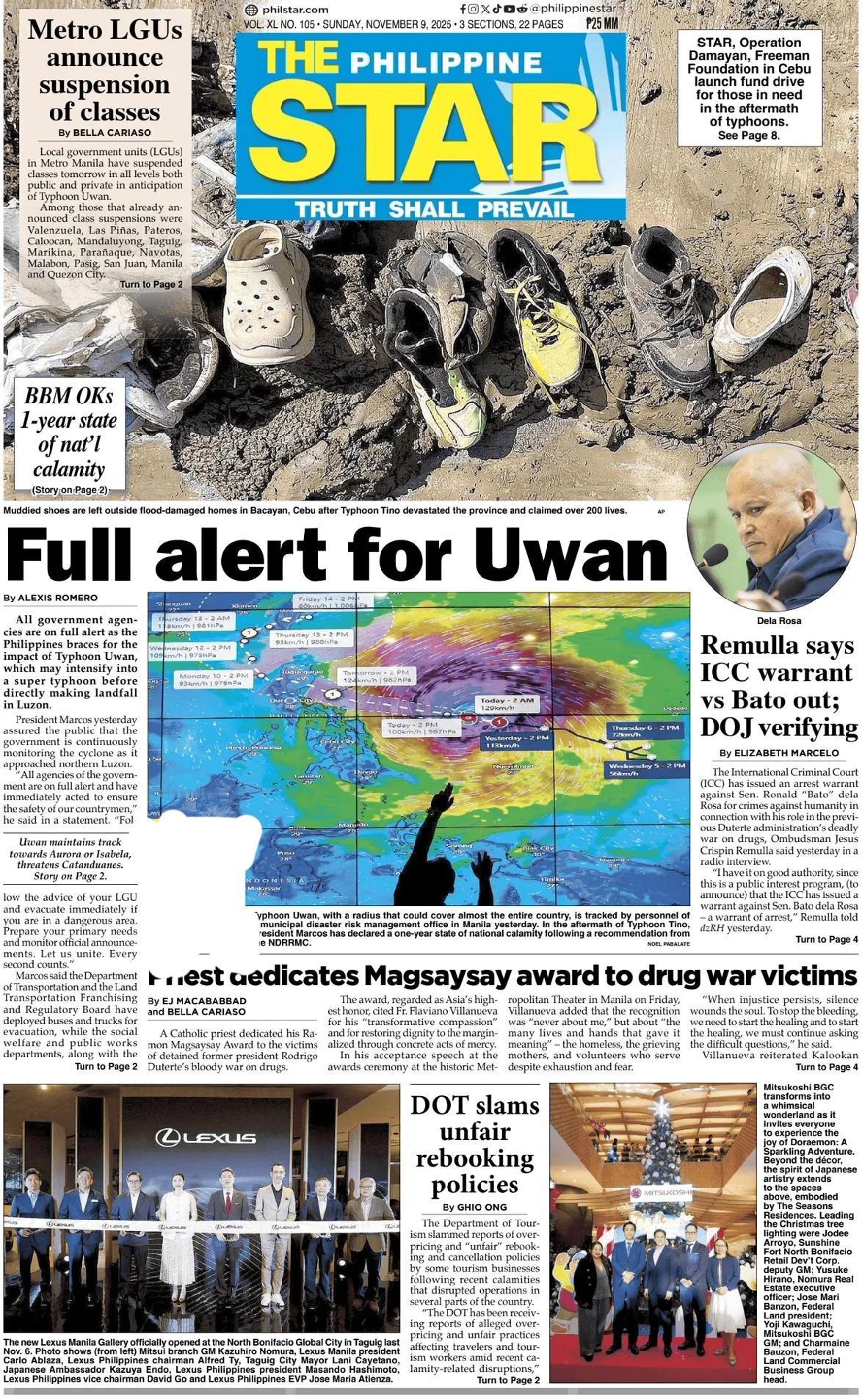 《菲律宾星报》头版报道称，在菲律宾，由于加强势力的大型台风26号（凤凰）在9日当