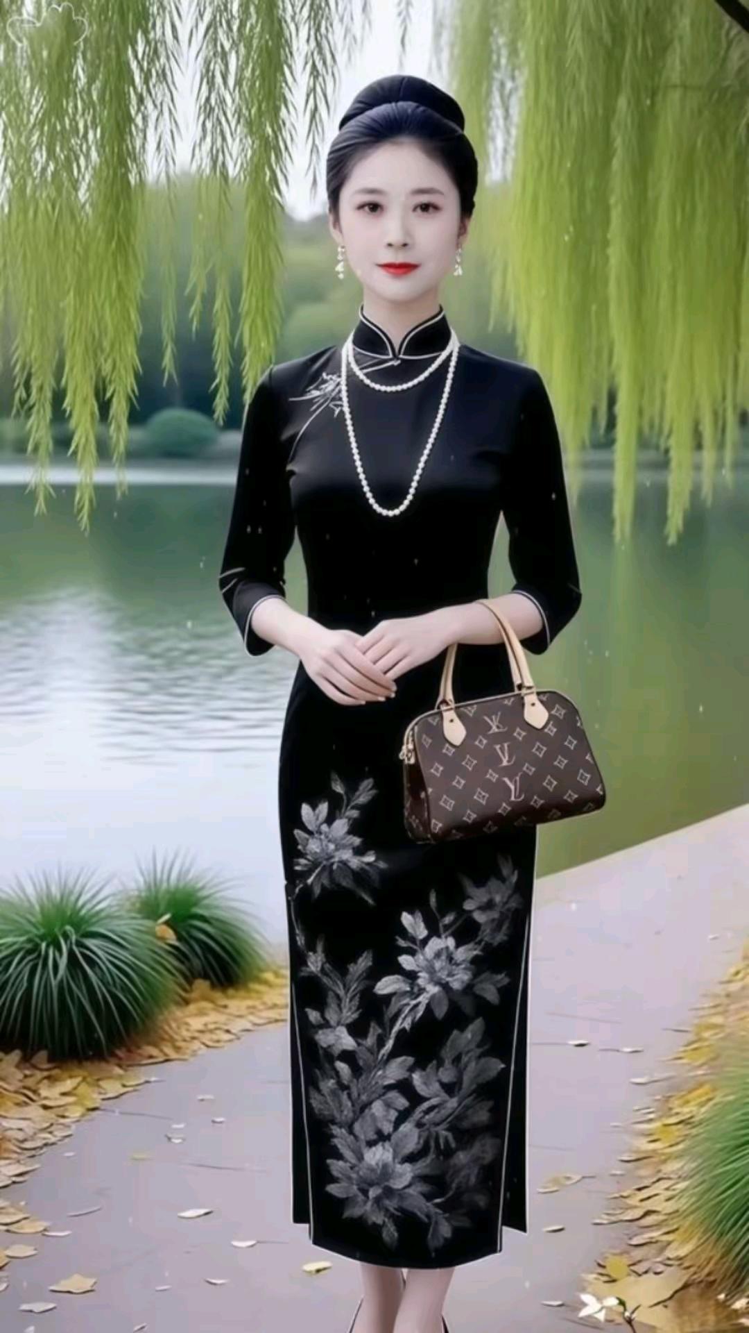 柳湖旗袍佳人垂柳丝丝抚碧塘，佳人静静立堤旁。墨纹旗袍彰风雅，珠链垂肩映素妆。