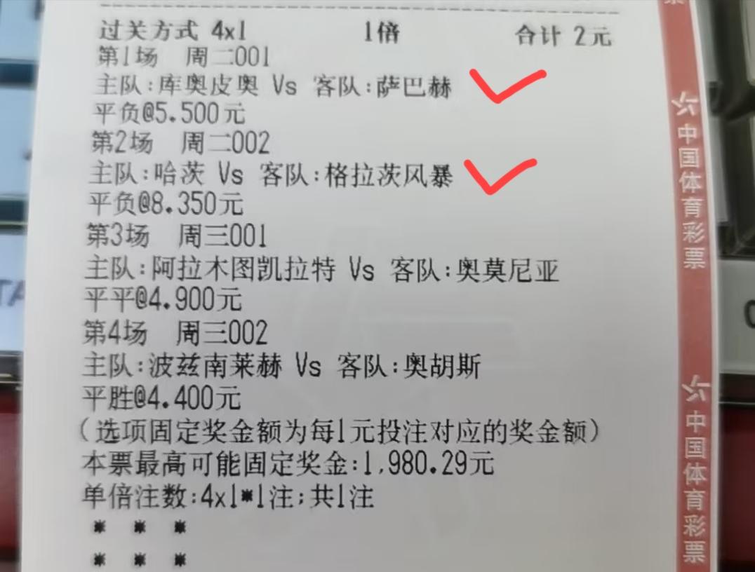 2块博1980块，有没有可能，就看今天晚上另外两场欧冠资格赛了！已知，今天凌晨