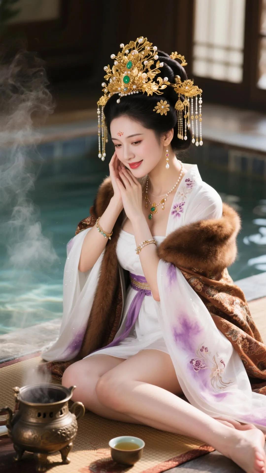 古风美人泡温泉，金钗玉佩映碧波