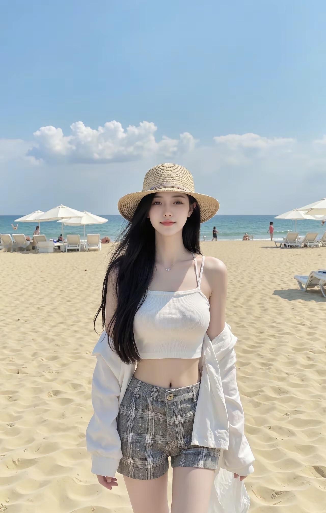 海风裹着沙粒蹭过脚踝，白衬衫被咸湿的空气揉出褶皱，草帽檐把蓝天裁成半框，连风里都