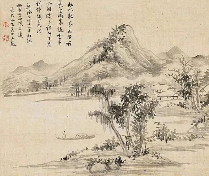 奚冈的《山水册》，翻开每一页，都是一幅绝美的山水画卷。山峦起伏，溪流潺潺，云雾缭
