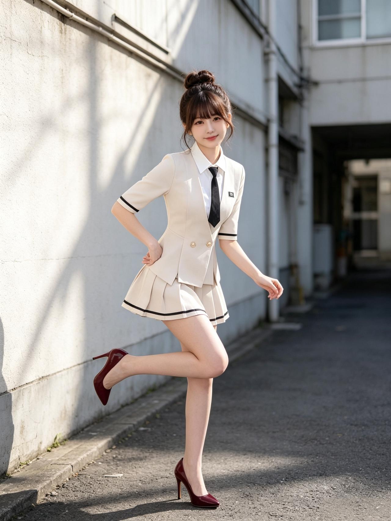 青春洋溢的校园少女，白衬衫黑领带，搭配红色高跟鞋，自信满满地走在校园小路上。气质