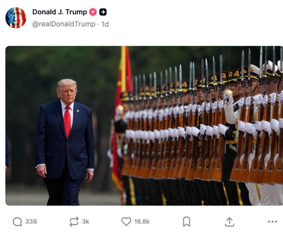 破防了！特朗普这回彻底酸了。刚从中国回去，他就在华盛顿一口气连发15张解放军三军