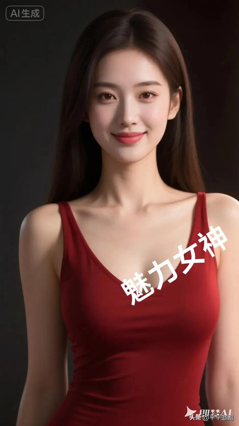 红裙衬着舒展的肩线，笑意落进眼底时，连暗调背景都漫开了明艳的温度。超级迷人美女