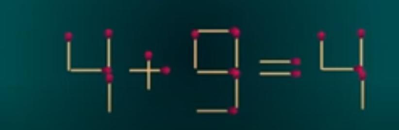图里是火柴棒拼成的“4+9=4”，这等式显然不成立。现在有个有趣挑战