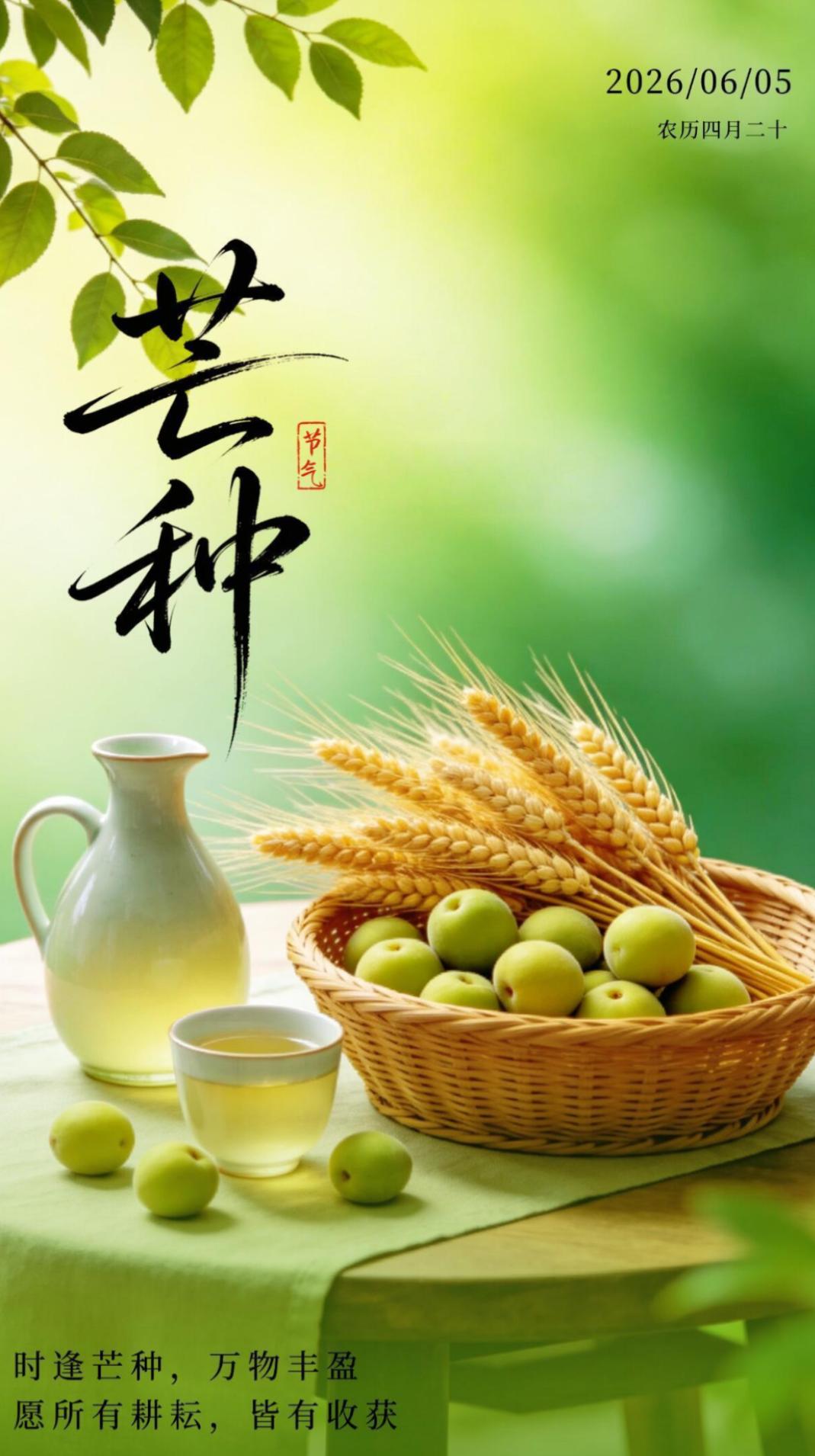 今日芒种今天是2026年6月5日，农历四月二十，我们迎来“芒种”节气，这是中国