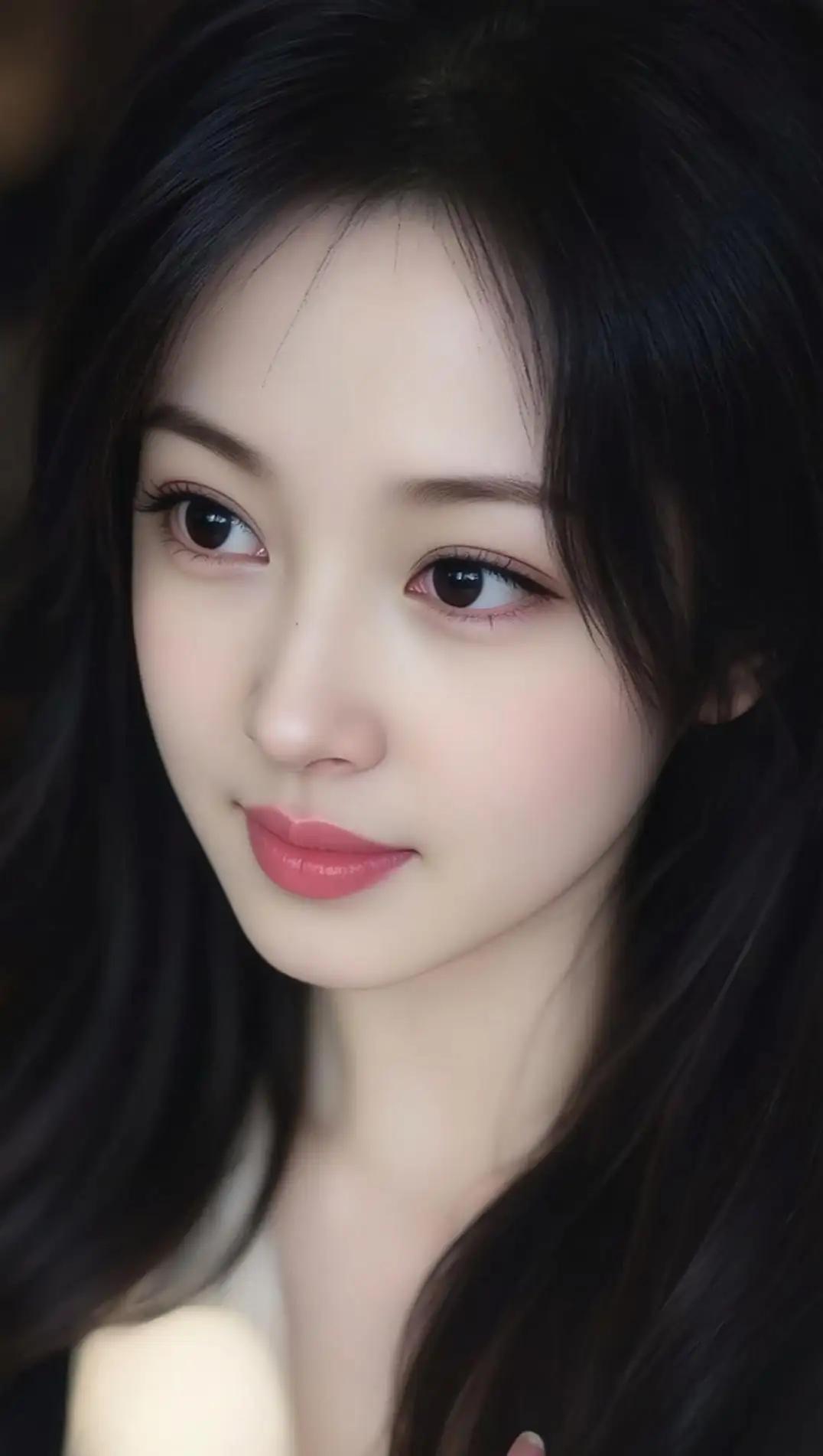 温柔甜美的少女，黑发红唇，清新自然。💖🌸🌺