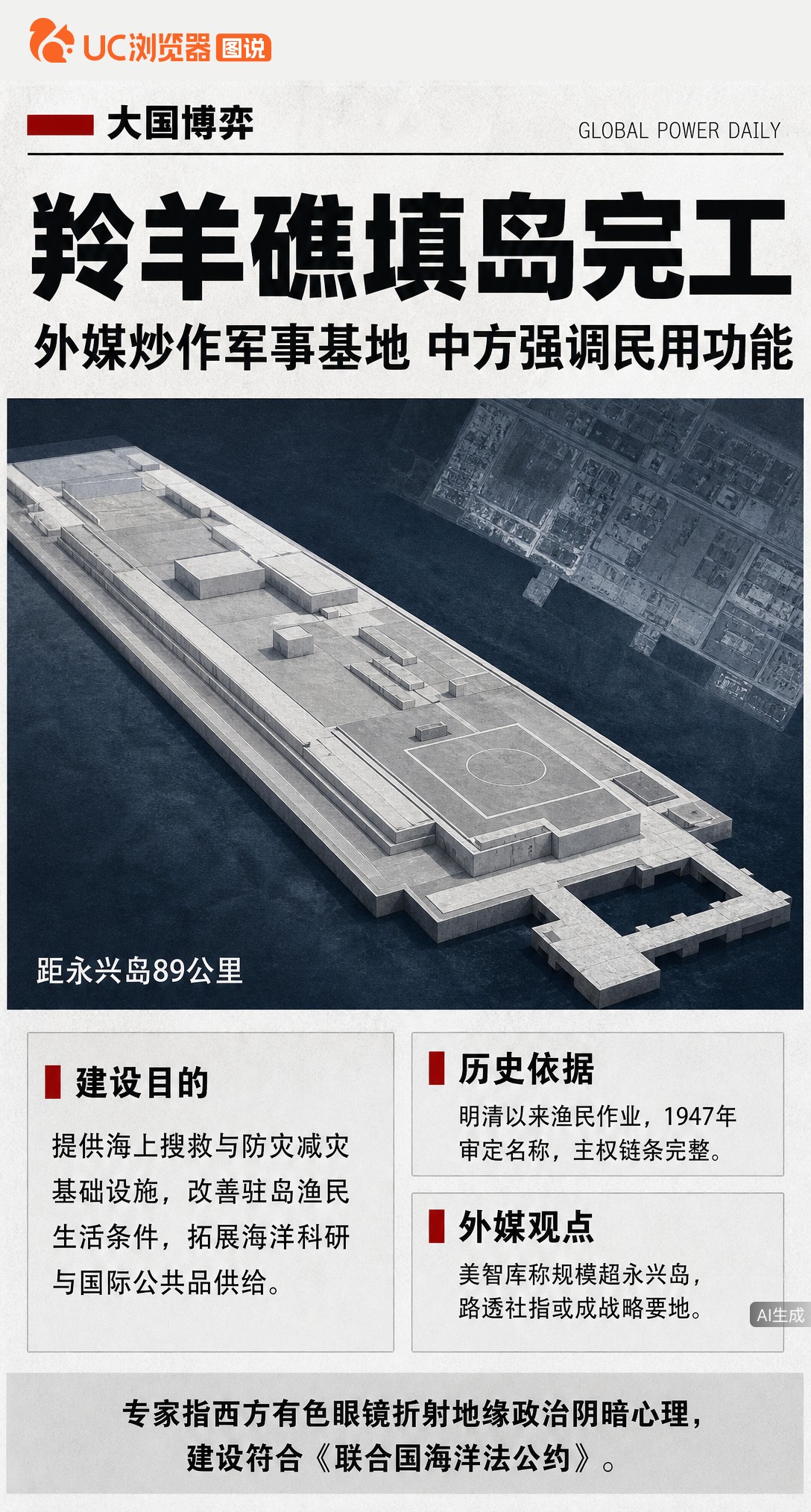 西沙羚羊礁填海完工，面积逼近美济礁。外媒炒作军事基地，但岛上建的是码头和海水淡化厂，专家直言这是提供