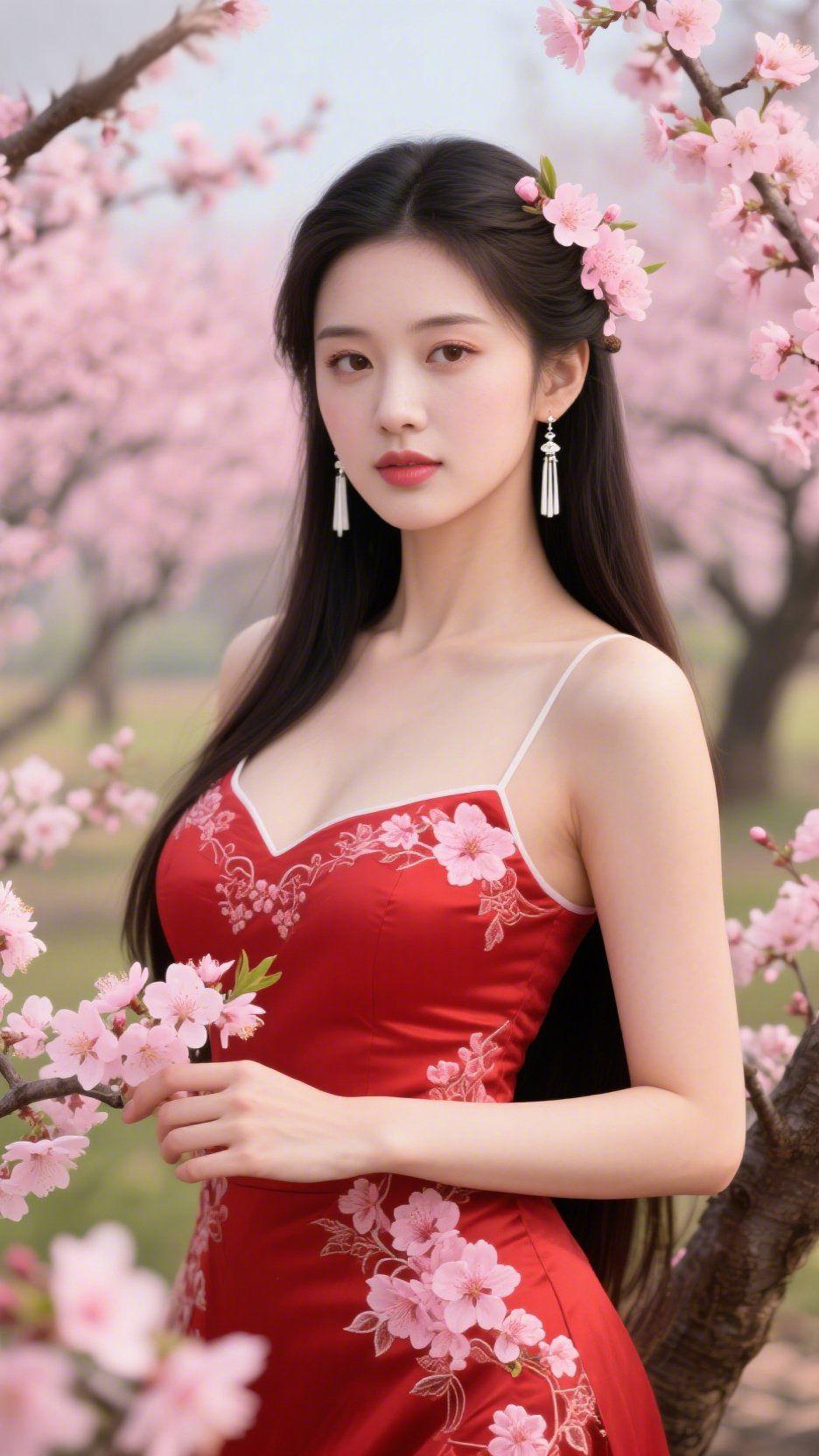 红衫花下遇春柔漫山桃花如云似霞，粉白花瓣簌簌落在肩头，一袭红裙缀满桃花刺绣