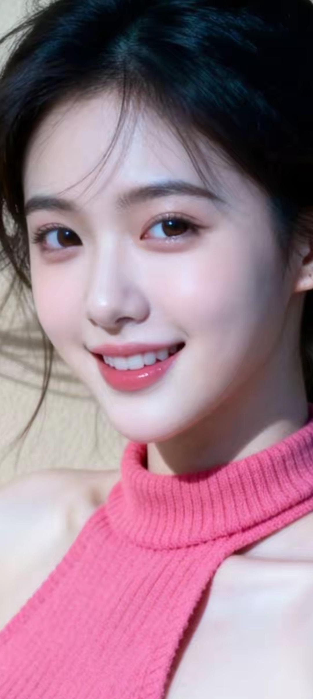 甜美笑容，粉色毛衣，元气满满的一天！😊✨