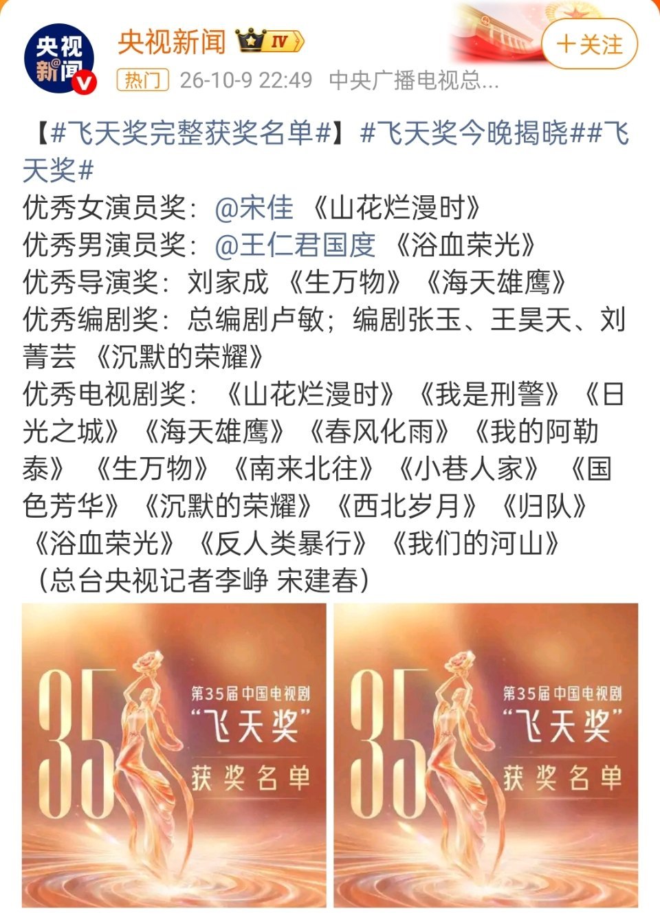 飞天奖获奖名单这获奖名单，有些剧，有些人颗粒无收啊？​​​