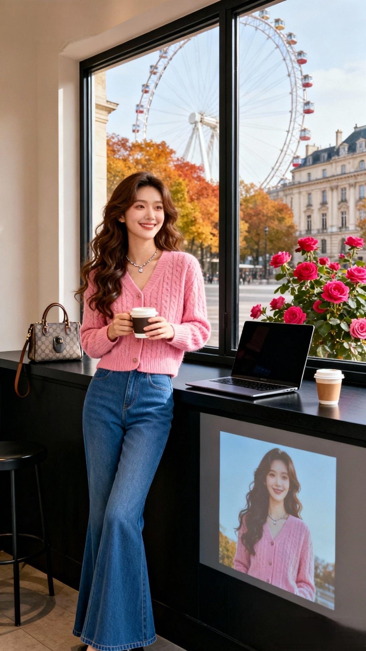 今天在窗边咖啡馆办公，一抬头就撞进了秋天的调色盘里～这件粉粉的麻花毛衣软得像抱了