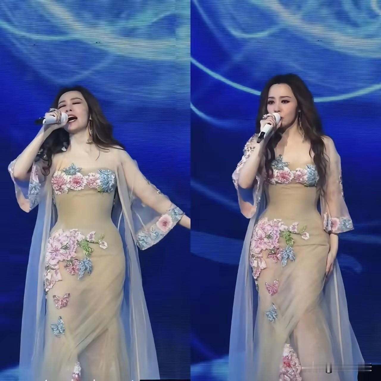 张靓颖的“葫芦身材”堪称一绝。41岁的她身着钻链流苏装登台，腰臀比绝佳，身体曲线